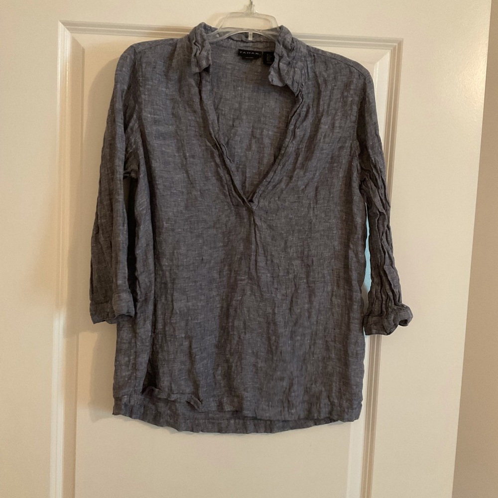 TAHARI LINEN BLUE TOP